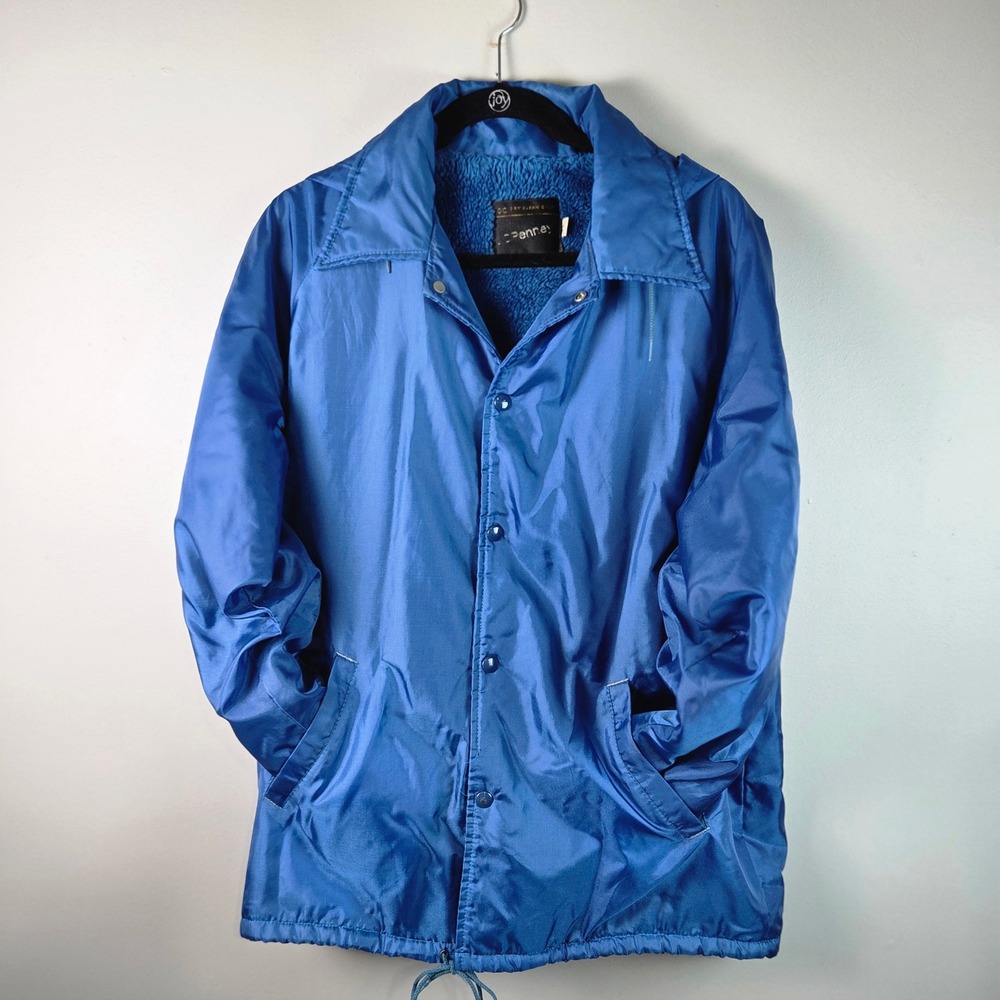 JCPenney Coaches Jacket Mens M Blue Vintage Faux Fur Lined Nylon Windbreaker